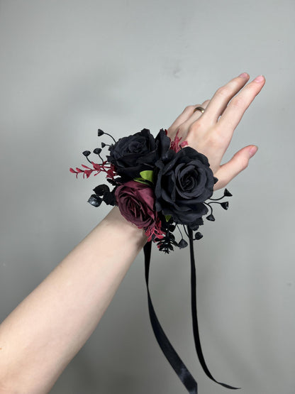 Black Corsage Burgundy Wedding Gothic Wrist Corsage Bridesmaids Corsage Mom Black Burgundy Burgundy Accessories Artificial Flower