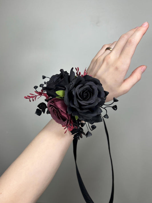 Black Corsage Burgundy Wedding Gothic Wrist Corsage Bridesmaids Corsage Mom Black Burgundy Burgundy Accessories Artificial Flower