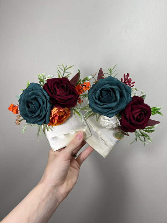 Dark Teal Pocket Boutonniere Wedding Groom Boutonnière Square Teal Burnt Orange Groomsmen Teal Burgundy Boutonniere Rust Dark Teal