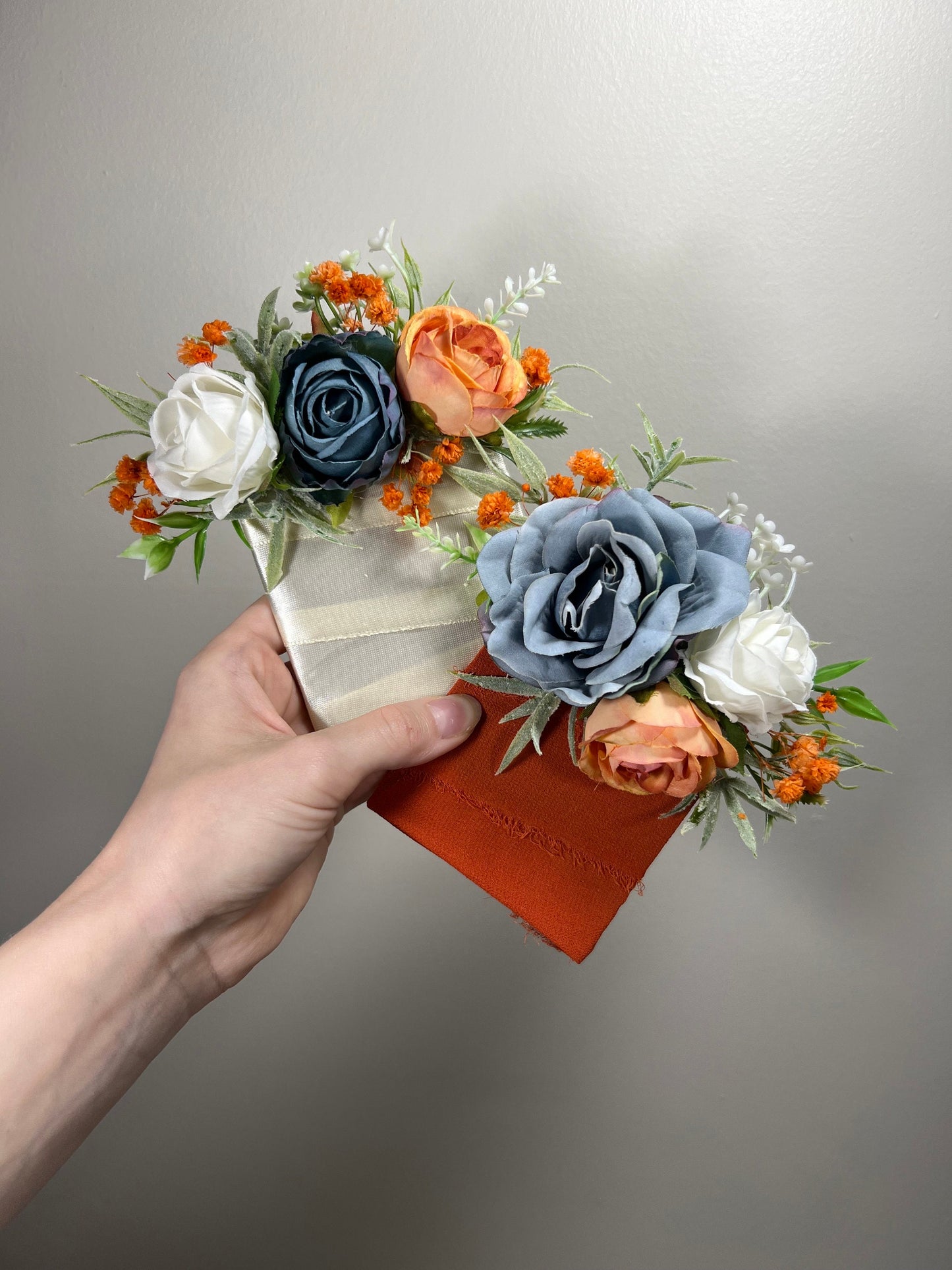 Blue Orange Boutonniere Wedding Dusty Blue Burnt Orange Groom Boutonnière White Groomsmen Dusty Blue Terracotta Boutonniere Artificial