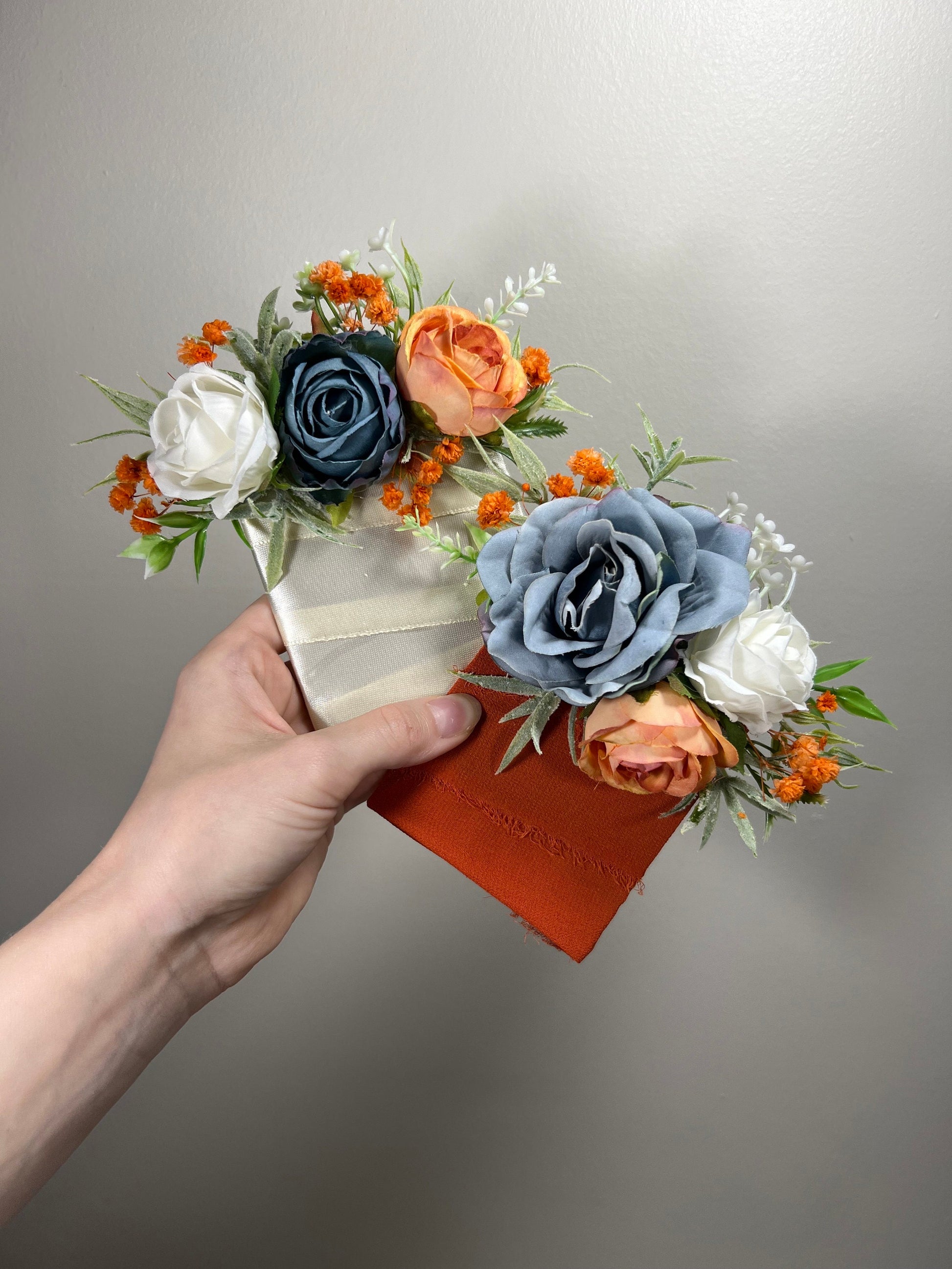 Blue Orange Boutonniere Wedding Dusty Blue Burnt Orange Groom Boutonnière White Groomsmen Dusty Blue Terracotta Boutonniere Artificial