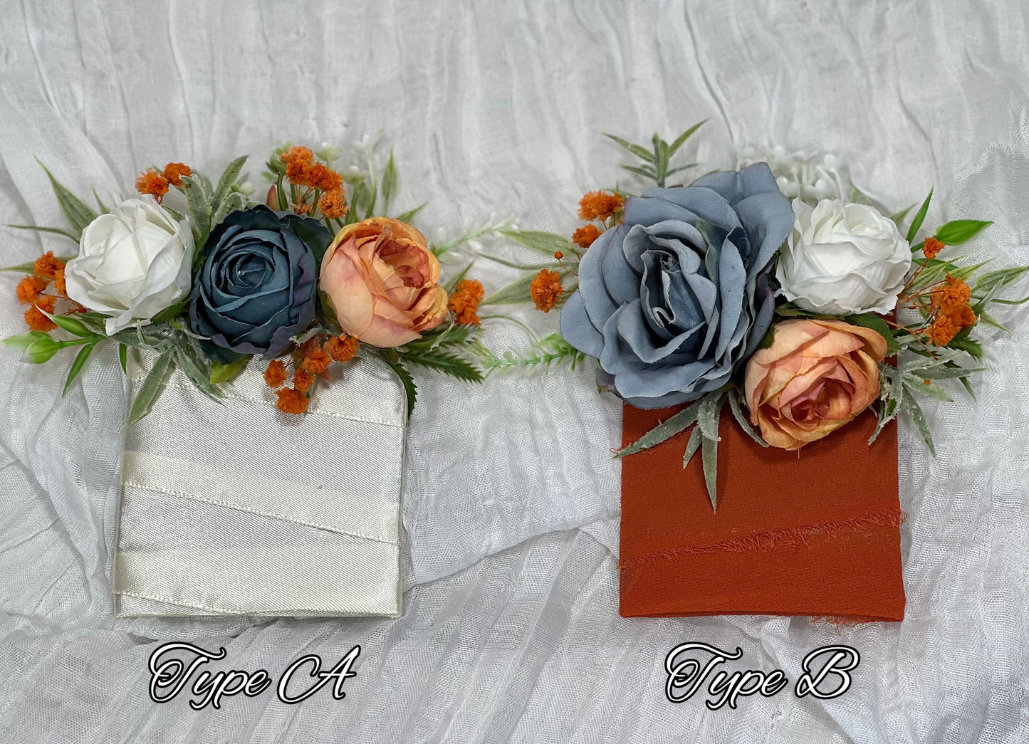 Dusty Blue Orange Corsage Wedding Blue Terracotta Wrist Corsage Dusty Blue Burnt Orange Corsage Bridesmaids White Blue Orange Mom Corsage