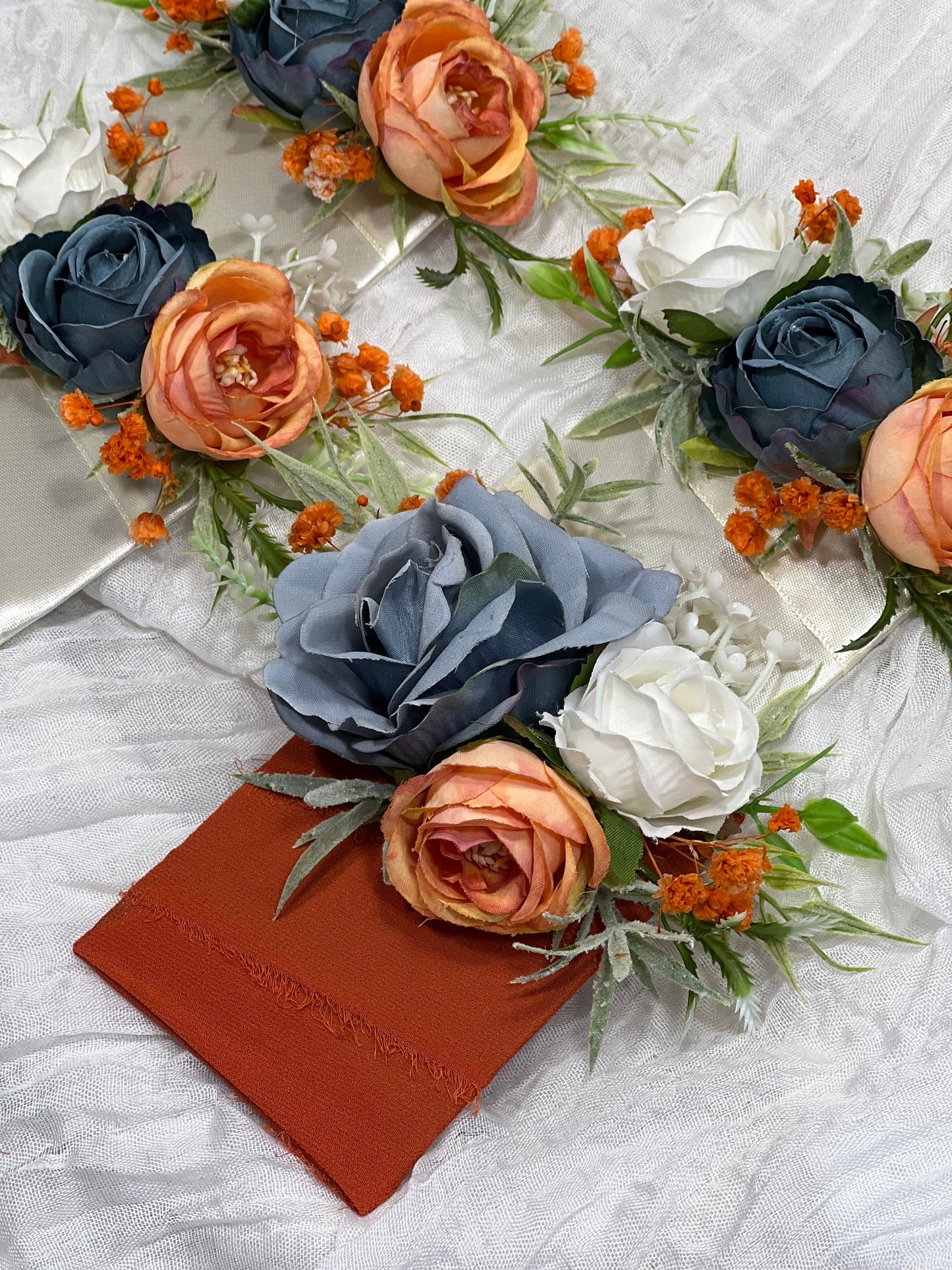 Dusty Blue Orange Corsage Wedding Blue Terracotta Wrist Corsage Dusty Blue Burnt Orange Corsage Bridesmaids White Blue Orange Mom Corsage