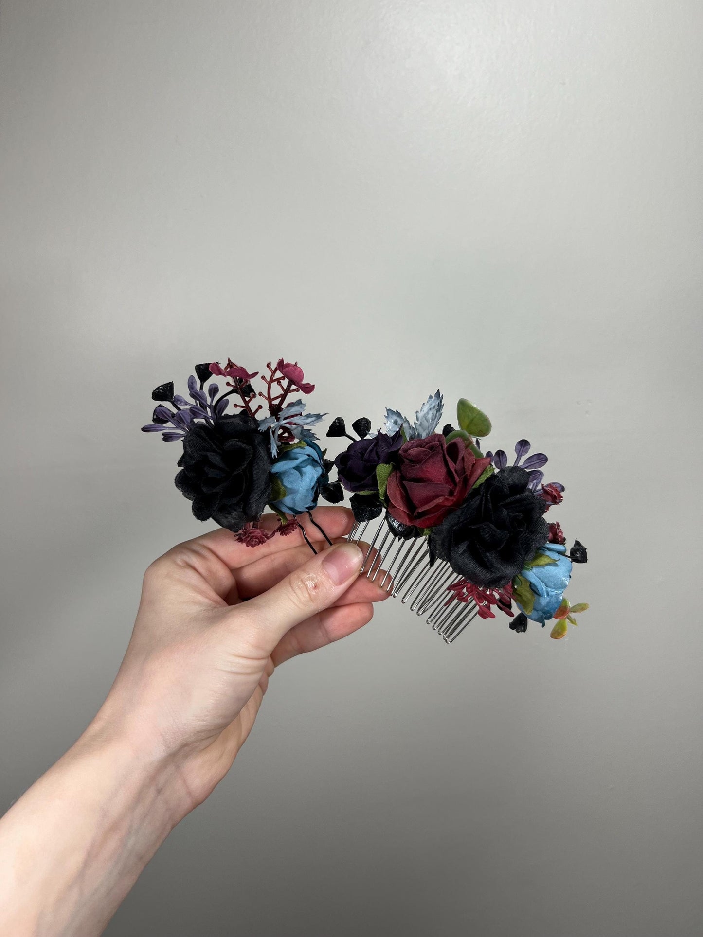 Black Hair Comb Wedding Burgundy Flower Girl Headpiece Gothic Floral Blue Purple Hair Pin Black Accessories Hair Comb Artificial Flowers