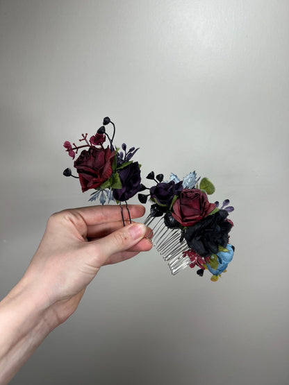 Black Hair Comb Wedding Burgundy Flower Girl Headpiece Gothic Floral Blue Purple Hair Pin Black Accessories Hair Comb Artificial Flowers