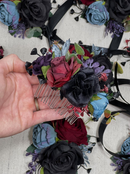 Black Hair Comb Wedding Burgundy Flower Girl Headpiece Gothic Floral Blue Purple Hair Pin Black Accessories Hair Comb Artificial Flowers