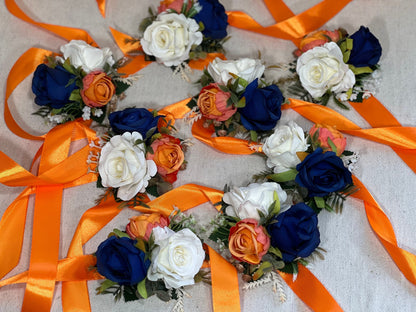 Blue Orange Corsage Wedding Royal Blue Corsage Orange Mom Corsage White Burnt Orange Corsage Ivory Pocket Boutonniere Artificial Flowers