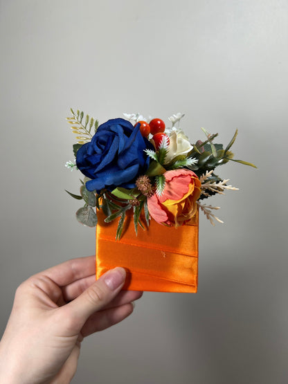 Orange Blue Pocket Boutonniere Wedding Groom Boutonnière Square Burnt Orange Royal Blue Groomsmen Terracotta Royal Blue Orange Boutonniere