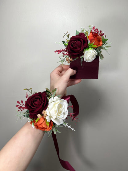 Burgundy Corsage Wedding Wrist Corsage White Terracotta Bridesmaids Corsage Burgundy Orange Corsage Mom Ivory Rust Pocket Boutonniere