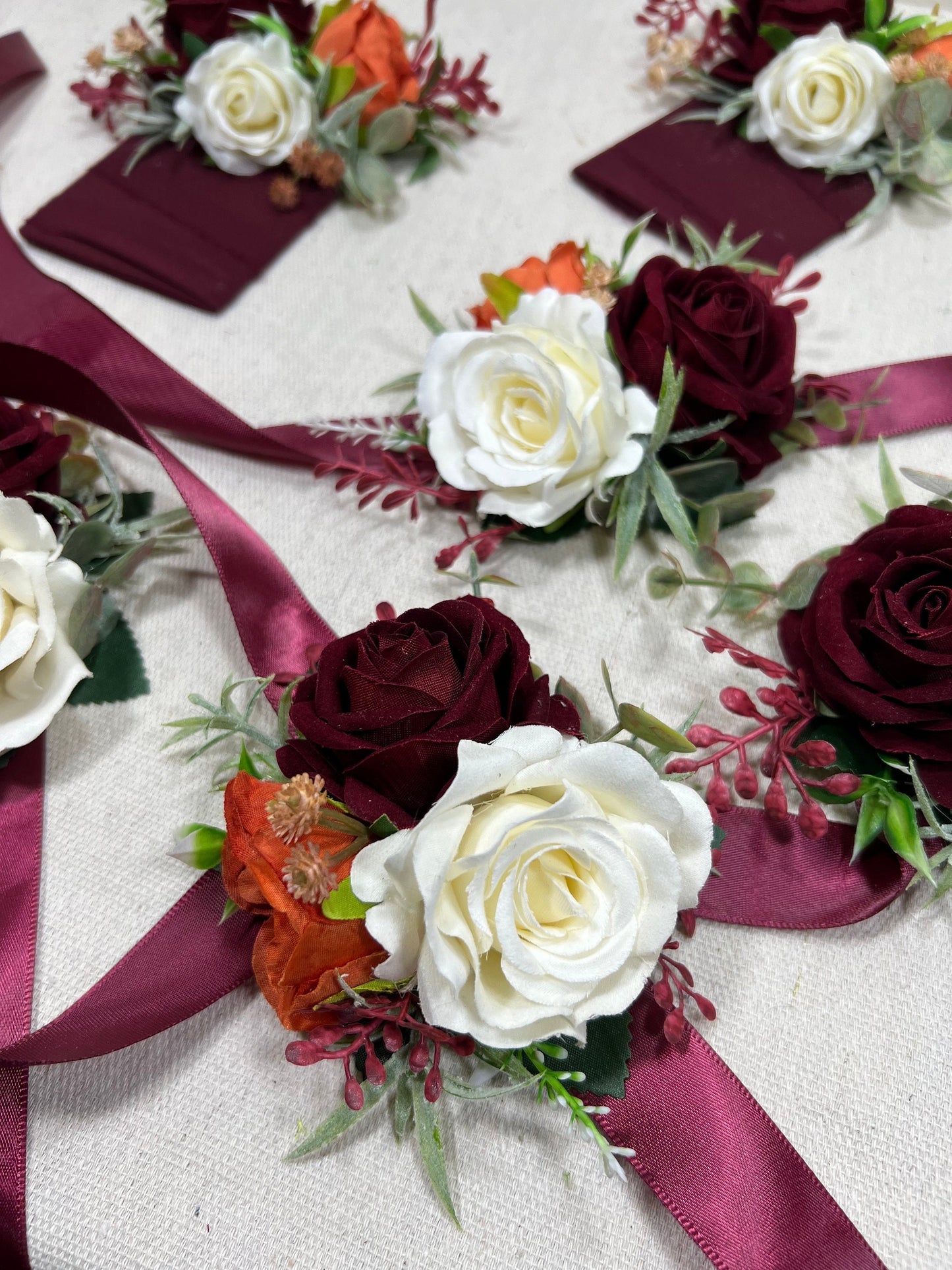 Burgundy Pocket Boutonniere Terracotta Groom Boutonnière White Square Groomsmen Boutonniere Burgundy Burnt Orange Ivory  Artificial Flower