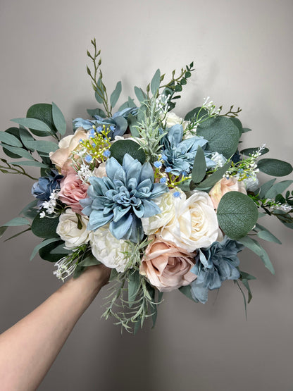 Blue Pink Bouquet Wedding Bridal Bouquet Dusty Blue White Bouquet Ivory Bridesmaids Blush Dusty Blue Bouquet Dusty Rose Artificial Flower