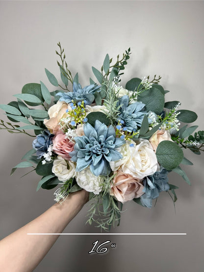 Dusty Blue Blush Bouquet Wedding Bridal Bouquet Rose Dusty Blue White Bouquet Ivory Bridesmaids Blush Blue Eucalyptus Artificial Flower