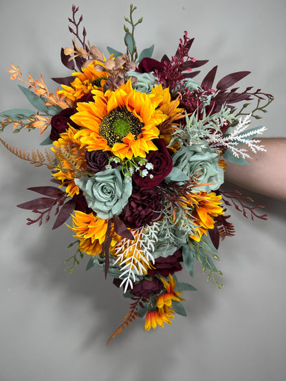 Sunflower Bouquet Wedding Bridal Boho Sunflower Cascade Bouquet Fall Burgundy Sunflower Bridesmaids Bouquet Sage Green Pampas Grass