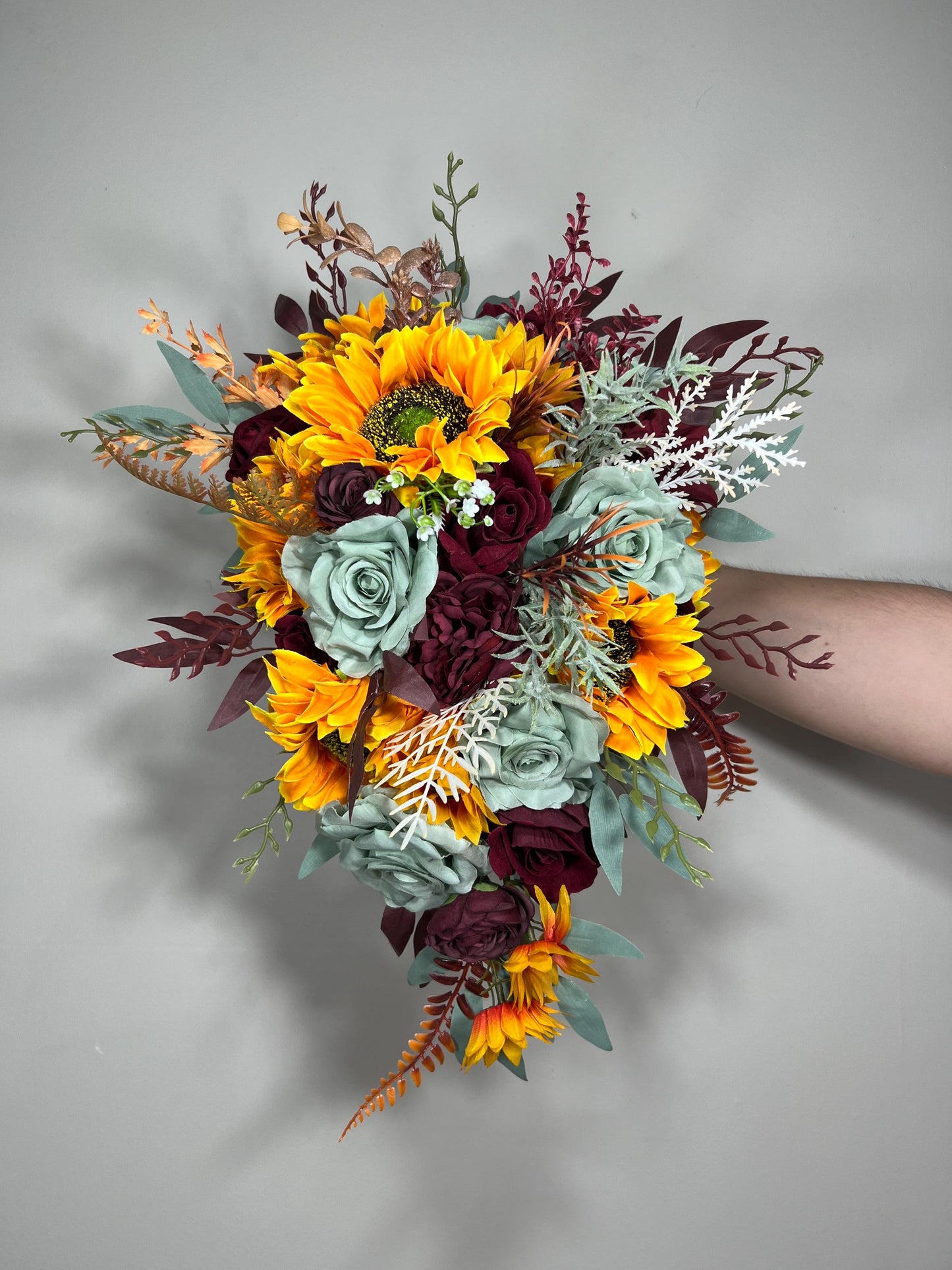 Sunflower Bouquet Wedding Bridal Boho Sunflower Cascade Bouquet Fall Burgundy Sunflower Bridesmaids Bouquet Sage Green Pampas Grass