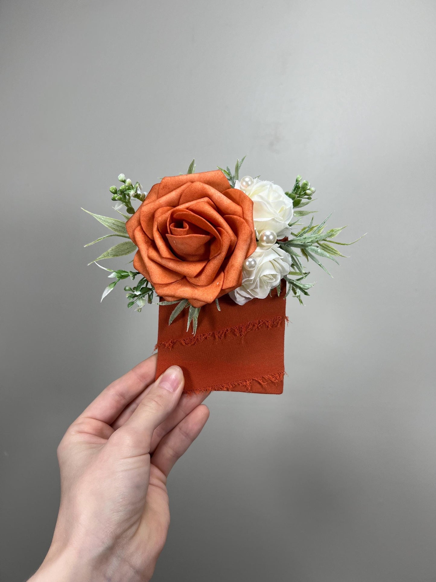 Orange Pocket Boutonniere Wedding Groom Boutonnière Terracotta Square Groomsmen Rust White Pocket Boutonniere Pearl Burnt Orange