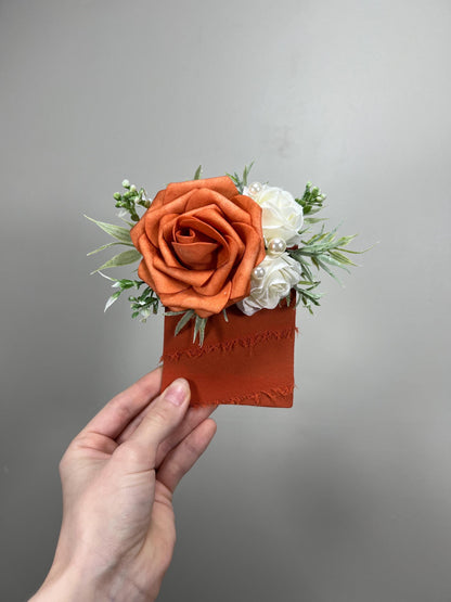 Orange Corsage Wedding Corsage Terracotta Wrust Corsage Rust Wedding Ivory Burnt Orange Corsage Orange White Pearl Artificial Flower
