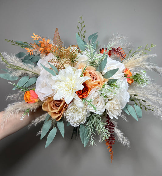 Orange White Bouquet Wedding Bridal Terracotta Boquet Rust Burnt Orange Bridesmaids Ivory Bouquet Pampas Grass Eucalyptus Orange White