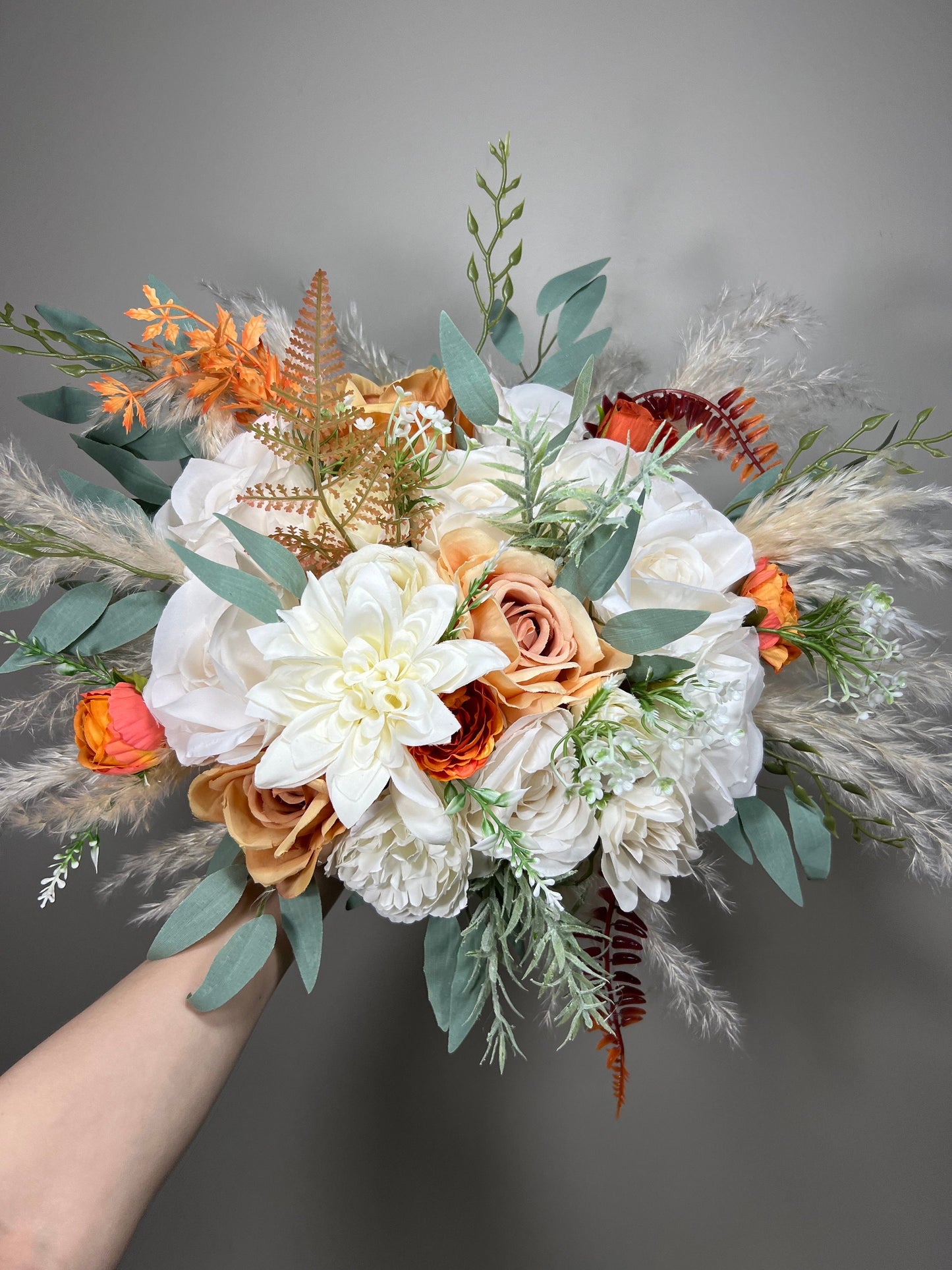 Orange White Bouquet Wedding Bridal Terracotta Boquet Rust Burnt Orange Bridesmaids Ivory Bouquet Pampas Grass Eucalyptus Orange White