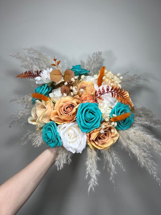Wedding Turquoise Bouquet Terracotta Boho Bridal Rust Wedding Teal Cascading Bouquet Burnt Orange Teal Decor Artificial Flower Fall