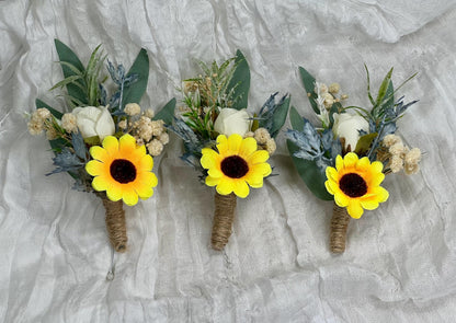 Sunflower Boutonniere Groom Boutonnières Dusty Blue Groomsmen Sunflower Blue Boutonnière Groom Fall Sunflower Baby Breath Artificial Flowers