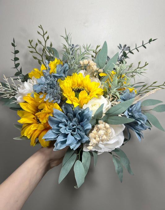 Sunflower Bouquet Bridal White Sunflower Bouquet Dusty Blue Sunflower Bridesmaids Bouquet Blue Sunflower Artificial Flowers