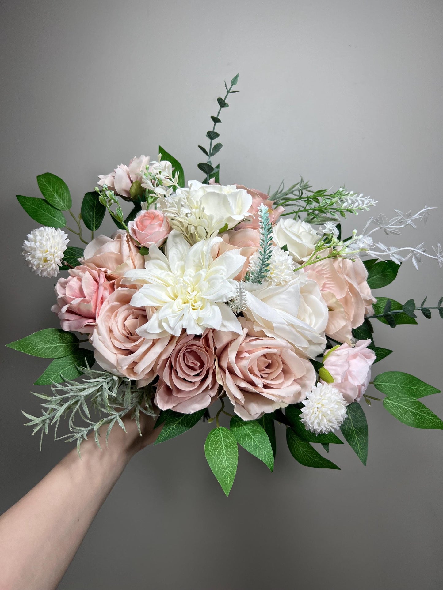 Pink Bouquet Bridal White Bouquet Dusty Rose Blush Bridesmaids Bouquet Pink Spring Summer Dandelion Greenery Artificial Flower