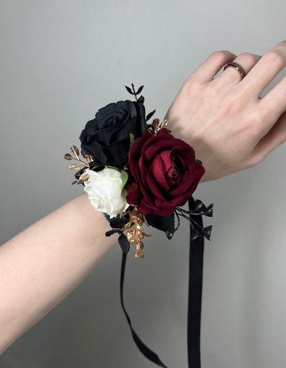 Black Corsage White Wedding Gothic Wrist Corsage Burgundy Bridesmaids Corsage Mom Black Corsage Burgundy Gold Accessories Artiticial Flower