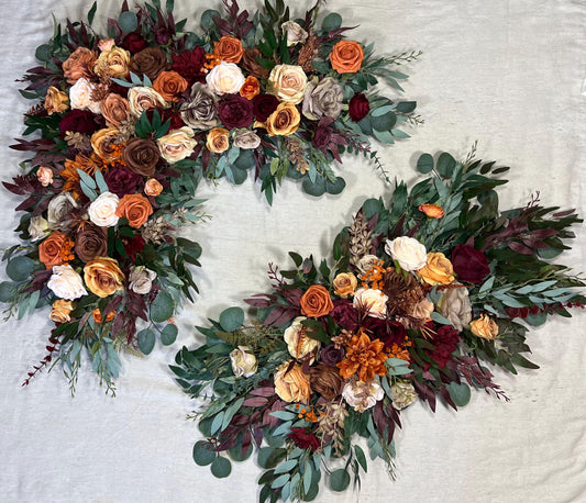 Rust Burgundy Arch Arrangement Champagne Terracotta Corner Arch Aisle Arrangement Brown Orange Decor Burgundy Arbor Arrangement Burnt Orange