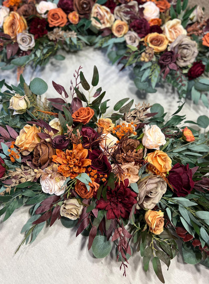 Rust Burgundy Arch Arrangement Champagne Terracotta Arch Aisle Arrangement Brown Orange Decor Burgundy Arbor Arrangement Burnt Orange