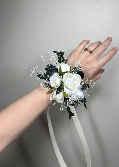 White Corsage Wedding Eucalyptus Corsage Wrist Corsage Bridesmaids White Mom Corsage Ivory Baby Breath Accessories Artificial Flower