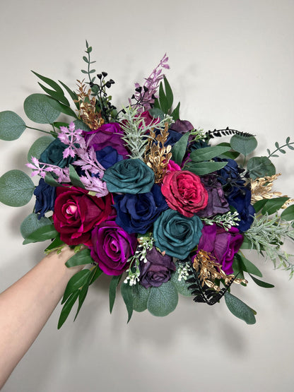 Galaxy Bouquet Wedding Bridal Dark Purple Bouquet Navy Blue Royal Bridesmaids Bouquet Plum Teal Jewel Tone Bouquet Purple Artifical Flower