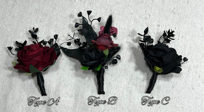 Black Burgundy Boutonniere Groom Black Boutonnières Burgundy Black Groomsmen Gothic Artificial Flowers Boutonnière Halloween Boutonniere