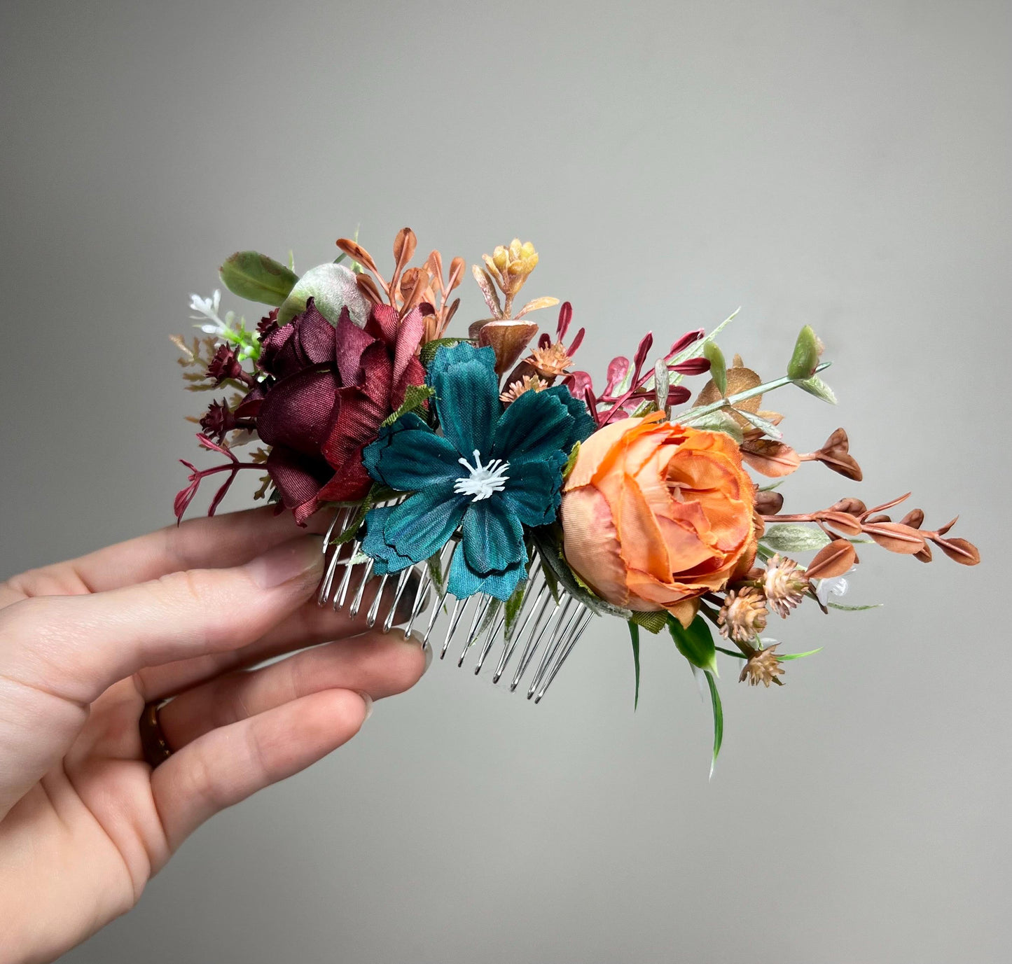 Flower Comb Wedding Dark Teal Head Piece Hair Comb Teal Burgundy Bridal Wedding Burnt Orange Teal Hair Accessories Hair Comb