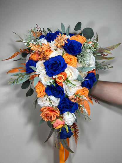 Blue Orange Bouquet Wedding Bridal Bouquet Royal Blue White Bouquet Cascade Bridesmaids Burnt Orange Bouquet Royal Blue Navy