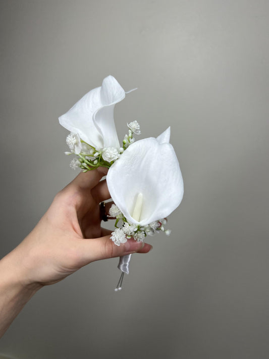 Calla Lily Pocket Boutonnière Wedding Groom White Calla Lilies Square Boutonnière Groomsmen Ivory Baby Breath Real Touch Artiticial Flower
