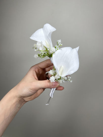 Calla Boutonniere White Wedding Groom White Boutonnières Groomsmen Calla Lily Artificial Flowers Boutonnière Baby Breath White