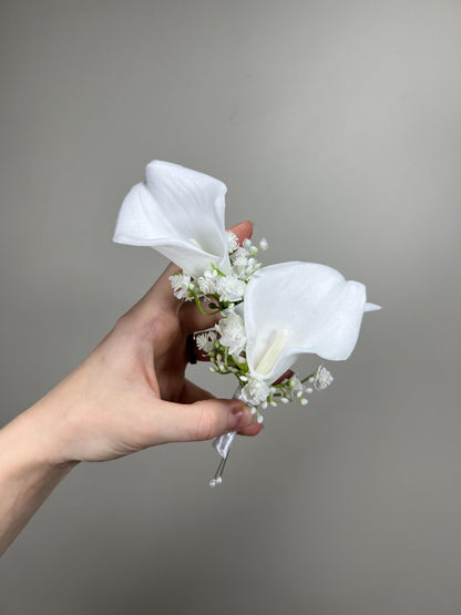 Calla Boutonniere White Wedding Groom White Boutonnières Groomsmen Calla Lily Artificial Flowers Boutonnière Baby Breath White