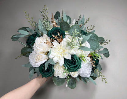 Emerald Green Bouquet Bridal White Hunter Green Bridesmaids Bouquet Emerald Green Forest Ivory Bouquet Gold Artificial Flower