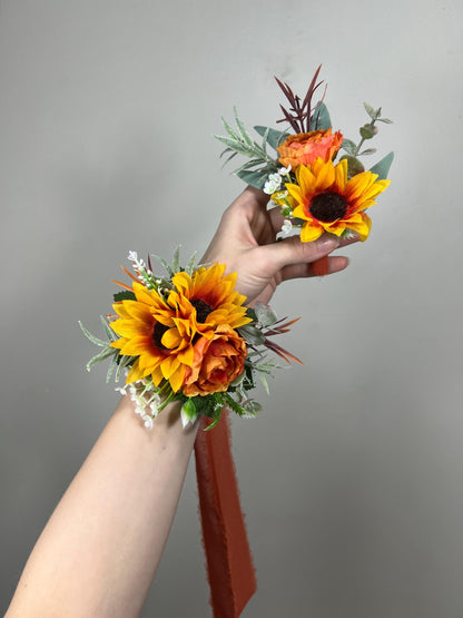 Sunflower Corsage Wedding Wrist Corsage Sunflower Bridesmaids Corsage Burnt Orange Corsage Terracotta Sunflower Rust Artifitical Flower