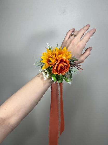 Sunflower Corsage Wedding Wrist Corsage Sunflower Bridesmaids Corsage Burnt Orange Corsage Terracotta Sunflower Rust Artifitical Flower