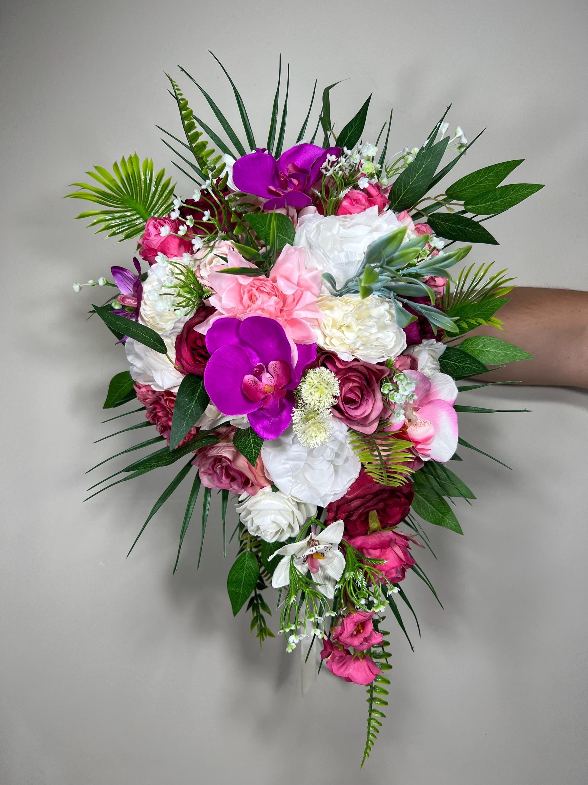 Tropical Bouquet Wedding Fuchsia Orchid Bridesmaids Bouquet Hot Pink Purple Cascade Bouquet Beach White Viva Magenta Artificial Flowrr