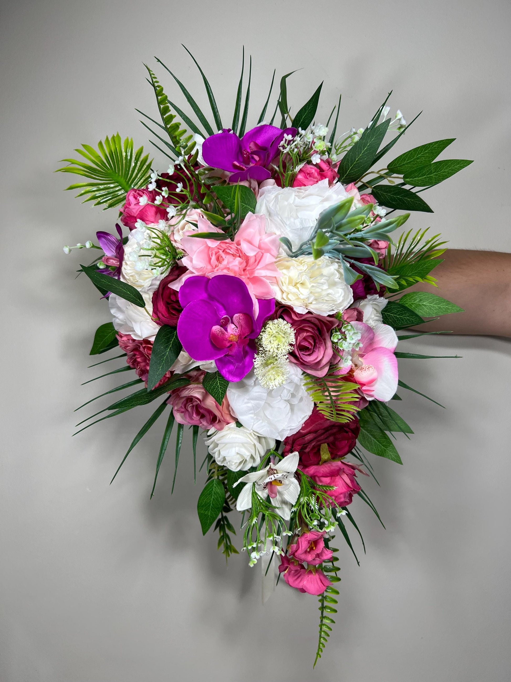 Tropical Bouquet Wedding Fuchsia Orchid Bridesmaids Bouquet Hot Pink Purple Cascade Bouquet Beach White Viva Magenta Artificial Flower