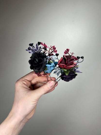 Black Hair Comb Wedding Burgundy Flower Girl Headpiece Gothic Floral Blue Purple Hair Pin Black Accessories Hair Comb Artificial Flowers