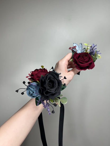 Black Corsage Burgundy Wedding Gothic Wrist Corsage Bridesmaids Dusty Blue Corsage Mom Black Burgundy Accessories Blue Artificial Flower