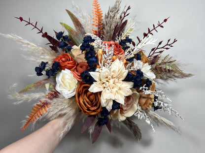 Orange Bouquet Wedding Bridal Navy Blue Bouquet Terracotta Champagne Bridesmaids Bouquet Rust Navy Blue Pampas Grass Fall Burnt Orange