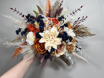 Orange Bouquet Wedding Bridal Navy Blue Bouquet Terracotta Champagne Bridesmaids Bouquet Rust Navy Blue Pampas Grass Fall Burnt Orange