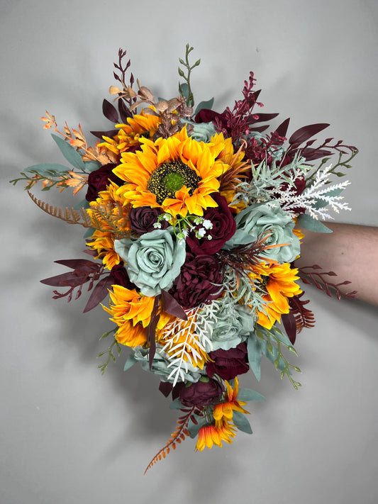 Sunflower Bouquet Wedding Bridal Boho Sunflower Cascade Bouquet Fall Burgundy Sunflower Bridesmaids Bouquet Sage Green Pampas Grass