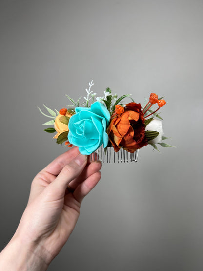 Flower Comb Wedding Teal Head Piece Hair Comb Orange Bridal Wedding Rust Turquoise Hair Accessories Hair Comb Aqua Artificial Flower