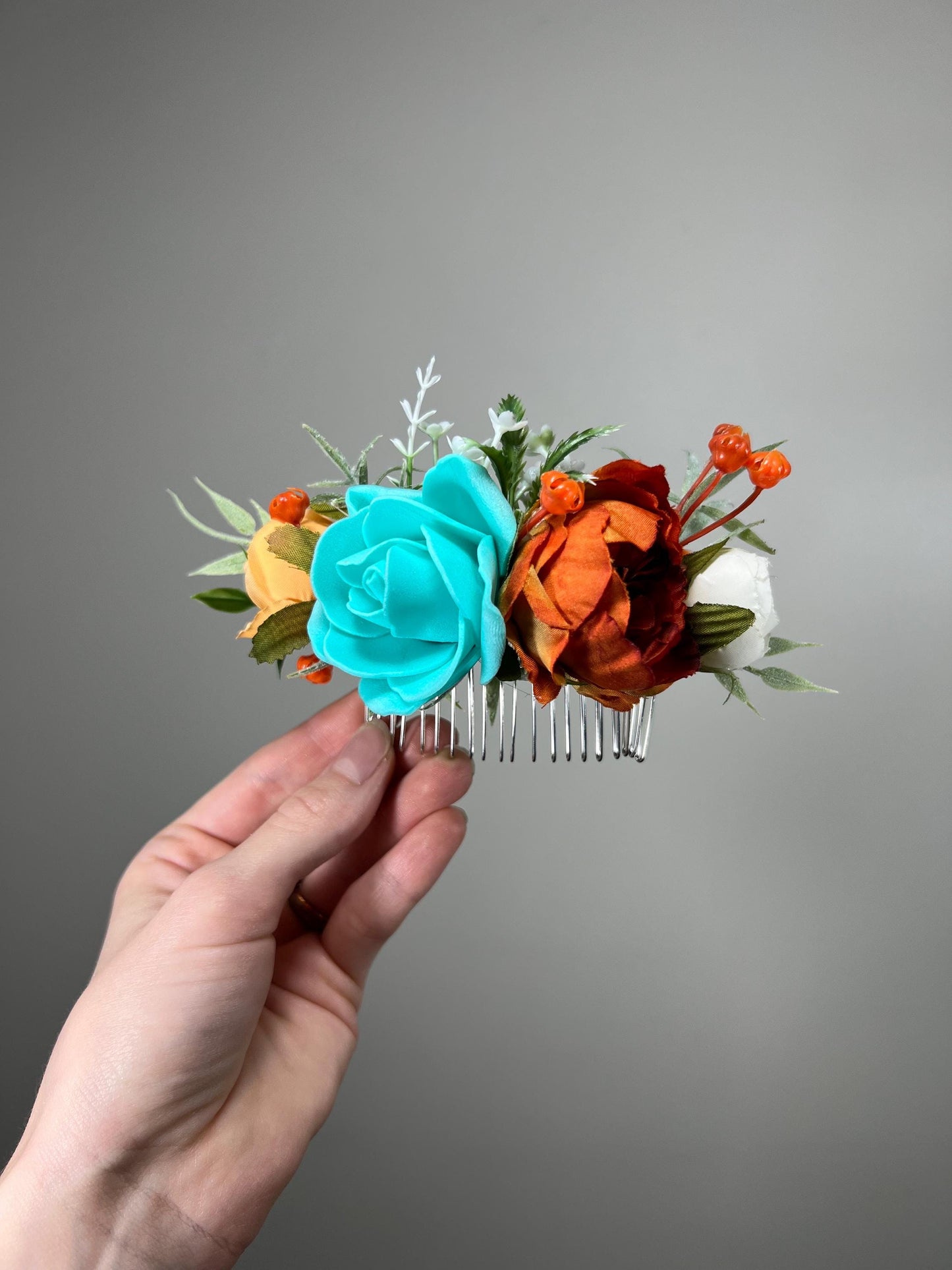 Flower Comb Wedding Teal Head Piece Hair Comb Orange Bridal Wedding Rust Turquoise Hair Accessories Hair Comb Aqua Artificial Flower