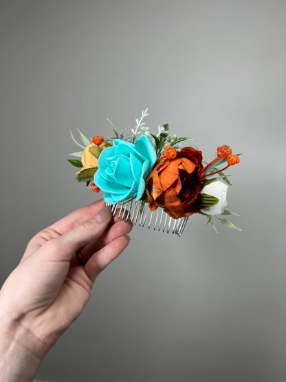 Flower Comb Wedding Teal Head Piece Hair Comb Orange Bridal Wedding Rust Turquoise Hair Accessories Hair Comb Aqua Artificial Flower